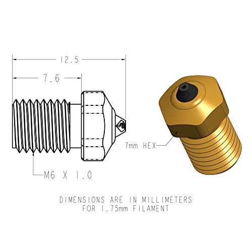 Diamondback Nozzles – V6 Compatible – Polycrystalline Solid Diamond Tip 3D Printer Nozzles, Improved Extrusion, Any Filament, Long Life, Wear Resistant, USA Made (Brass) (DB6-175-08)