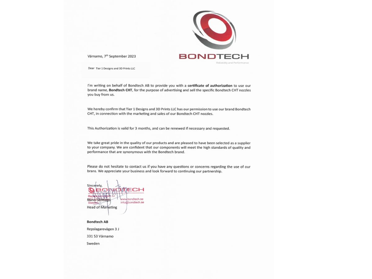Bondtech CHT MK8 Coated Brass Nozzle 1.75mm. 0.4mm (600-C-CHT-MK8-175-40)