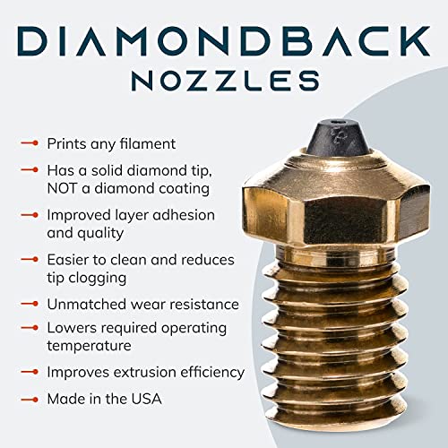 Diamondback Nozzles – V6 Compatible – Polycrystalline Solid Diamond Tip 3D Printer Nozzles, Improved Extrusion, Any Filament, Long Life, Wear Resistant, USA Made (Brass) (DB6-175-08)
