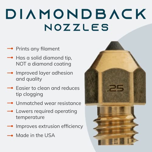 Diamondback Nozzles – MK8 Compatible – Polycrystalline Solid Diamond Tip 3D Printer Nozzles, Improved Extrusion, Any Filament, Long Life, Wear Resistant, Layer Adhesion, USA Made