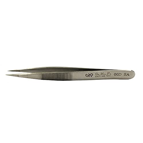 Hakko CHP 00D-SA Fine-Tip Tweezers, Straight, Serrated Fine-Point Tips, Non-Magnetic Stainless Steel, Corrosion-Resistant, Serrated Grip, 4-1/2" Length (5 Pack)