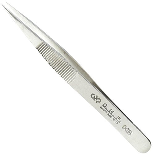 Hakko CHP 00B-SA Fine-Tip Tweezers, Straight, Fine-Point Tips, Non-Magnetic Stainless Steel, Corrosion-Resistant, Serrated Grip, 4-1/2" Length