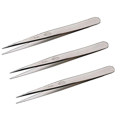 Hakko CHP 3C-SA Stainless Steel Non-Magnetic Precision Tweezers with Very Fine Point Tips for Microelectronics Applications, 4-1/4" Length (3 Pack)