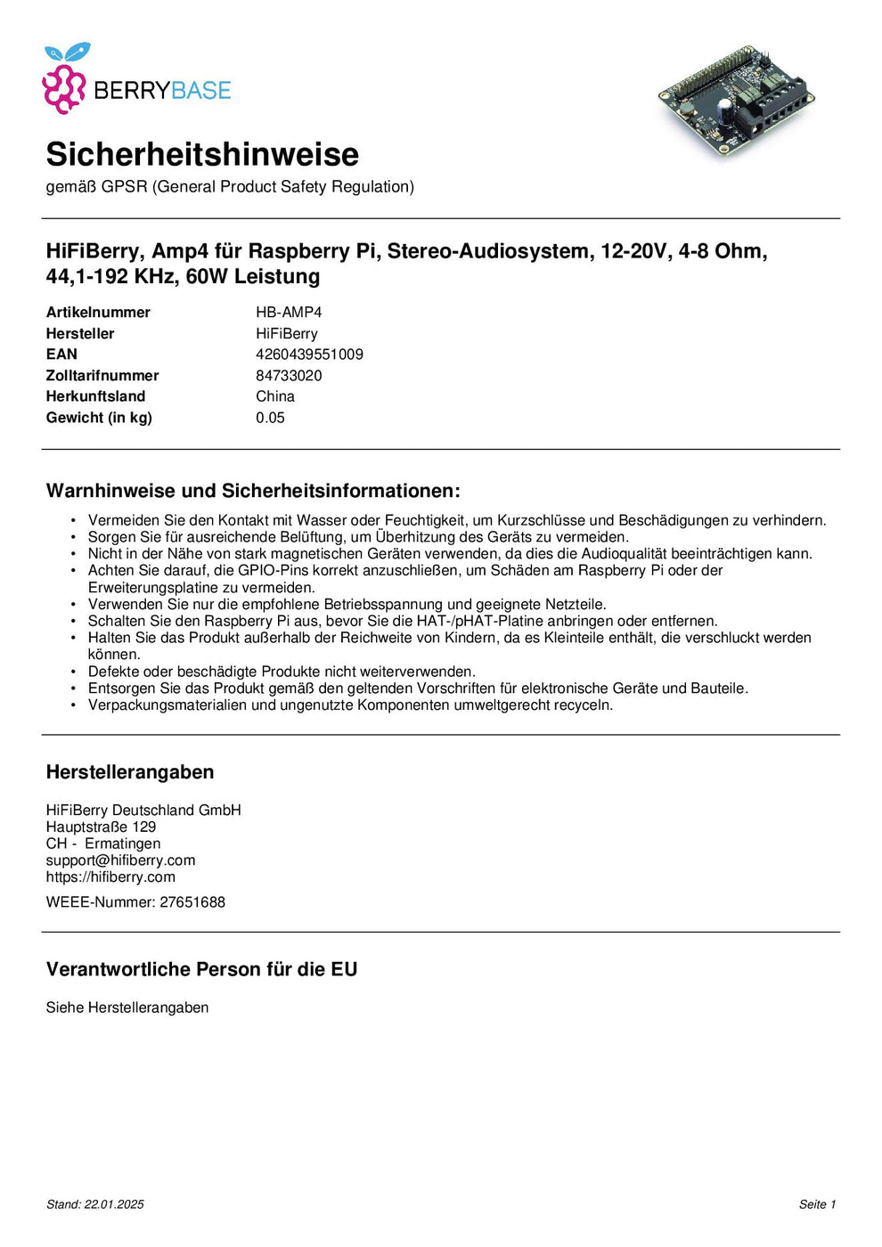 HiFiBerry Amp4 Class-D Power Amplifier for The Raspberry Pi – TAW ...
