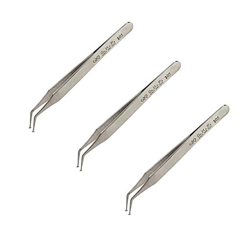 Hakko CHP 105-SA Stainless Steel Non-Magnetic Tweezers for Handling SMD Components and SOT Packages, Curved Shaft, 2.5mm Flat Tips, 4-3/4" Length (3 Pack)
