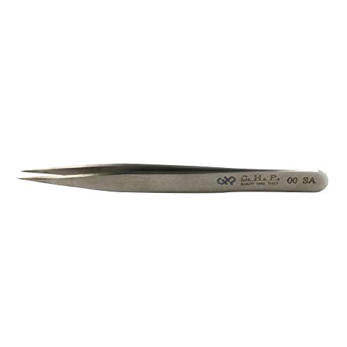 Hakko CHP 00-SA Fine-Tip Tweezers, Straight, Flat Tips, Non-Magnetic Stainless Steel, Corrosion-Resistant, Smooth Grip, 4-1/2" Length
