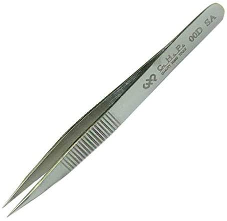Hakko CHP 00D-SA Fine-Tip Tweezers, Straight, Serrated Fine-Point Tips, Non-Magnetic Stainless Steel, Corrosion-Resistant, Serrated Grip, 4-1/2" Length (3 Pack)