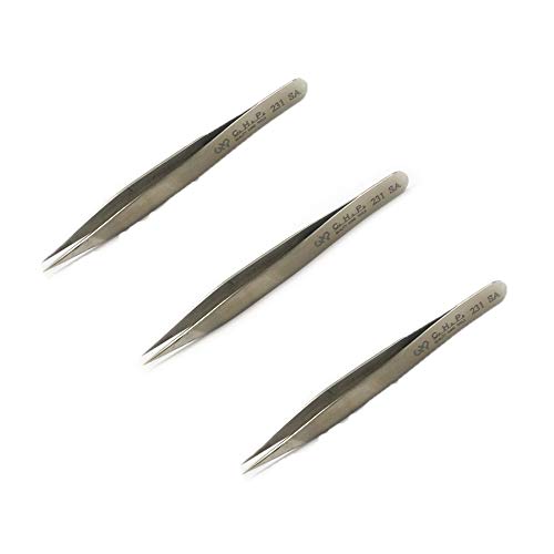 Hakko CHP 231-SA Stainless Steel Non-Magnetic Precision Tweezers with Fine Point Inside Serrated Tips, 4-3/4" Length (3 Pack)