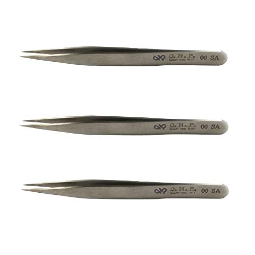 Hakko CHP 00-SA Fine-Tip Tweezers, Straight, Flat Tips, Non-Magnetic Stainless Steel, Corrosion-Resistant, Smooth Grip, 4-1/2" Length (3 Pack)