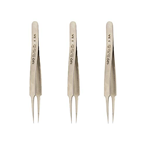 Hakko CHP 5-SA Stainless Steel Non-Magnetic Precision Tweezers with Super-Fine Point Thin-Tapered Sharp Tips, 4-1/4" Length (3 Pack)