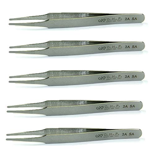 Hakko CHP 2A-SA Stainless Steel Non-Magnetic Precision Tweezers with Rounded Tips, Thin Tapered Tines, 4-3/4" Length (5 Pack)