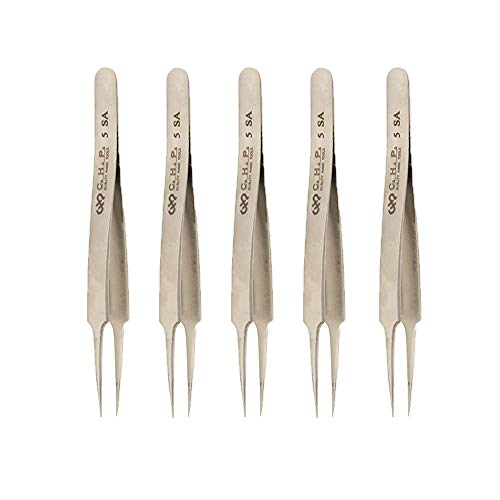 Hakko CHP 5-SA Stainless Steel Non-Magnetic Precision Tweezers with Super-Fine Point Thin-Tapered Sharp Tips, 4-1/4" Length (5 Pack)