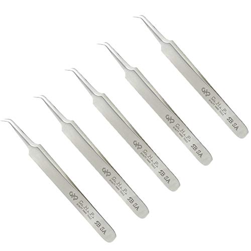 Hakko CHP 5B-SA Stainless Steel Non-Magnetic Precision Tweezers with Very-Fine Point Thin-Tapered Bent Sharp Tips, 4-1/4" Length (5 Pack)