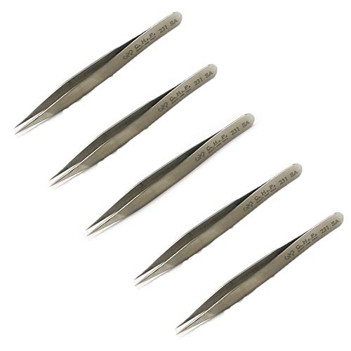 Hakko CHP 231-SA Stainless Steel Non-Magnetic Precision Tweezers with Fine Point Inside Serrated Tips, 4-3/4" Length (5 Pack)