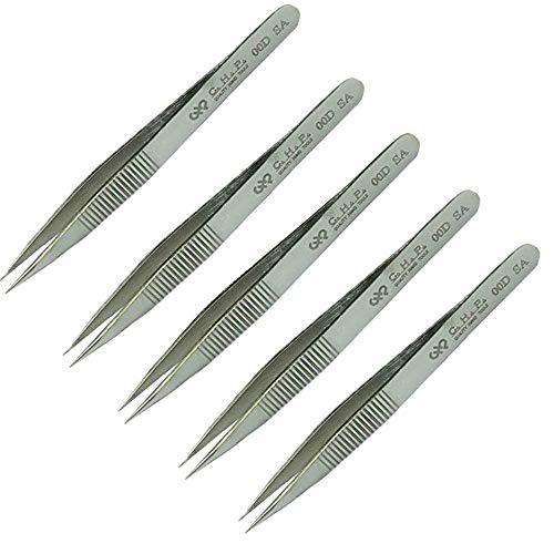Hakko CHP 00D-SA Fine-Tip Tweezers, Straight, Serrated Fine-Point Tips, Non-Magnetic Stainless Steel, Corrosion-Resistant, Serrated Grip, 4-1/2" Length (5 Pack)