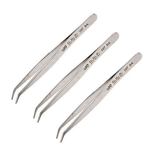 Hakko CHP 107-SA Stainless Steel Non-Magnetic Tweezers for Handling Chip and SMD Components, 1.5mm Flat Tips, 45 Degree, 4-3/4" Length (3 Pack)