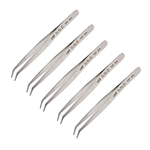 Hakko CHP 107-SA Stainless Steel Non-Magnetic Tweezers for Handling Chip and SMD Components, 1.5mm Flat Tips, 45 Degree, 4-3/4" Length (5 Pack)