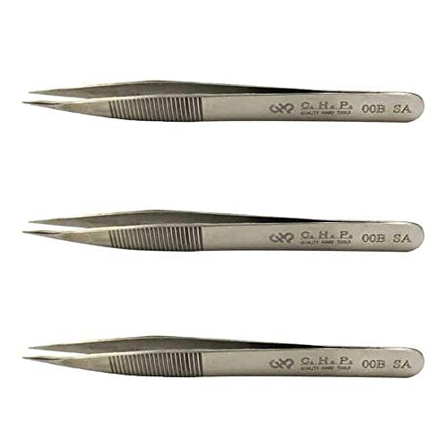 Hakko CHP 00B-SA Fine-Tip Tweezers, Straight, Fine-Point Tips, Non-Magnetic Stainless Steel, Corrosion-Resistant, Serrated Grip, 4-1/2" Length (3 Pack)