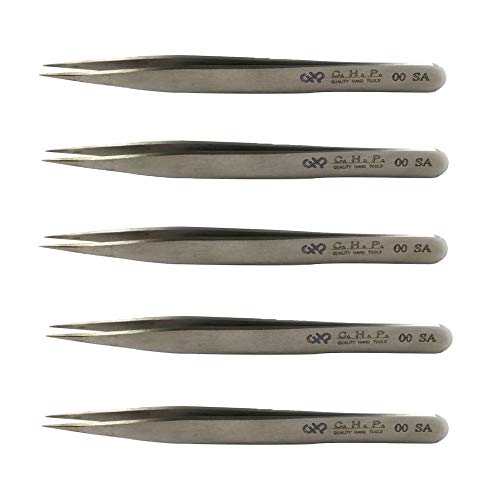 Hakko CHP 00-SA Fine-Tip Tweezers, Straight, Flat Tips, Non-Magnetic Stainless Steel, Corrosion-Resistant, Smooth Grip, 4-1/2" Length (5 Pack)