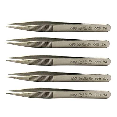 Hakko CHP 00B-SA Fine-Tip Tweezers, Straight, Fine-Point Tips, Non-Magnetic Stainless Steel, Corrosion-Resistant, Serrated Grip, 4-1/2" Length (5 Pack)