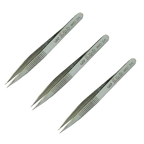 Hakko CHP 00D-SA Fine-Tip Tweezers, Straight, Serrated Fine-Point Tips, Non-Magnetic Stainless Steel, Corrosion-Resistant, Serrated Grip, 4-1/2" Length (3 Pack)