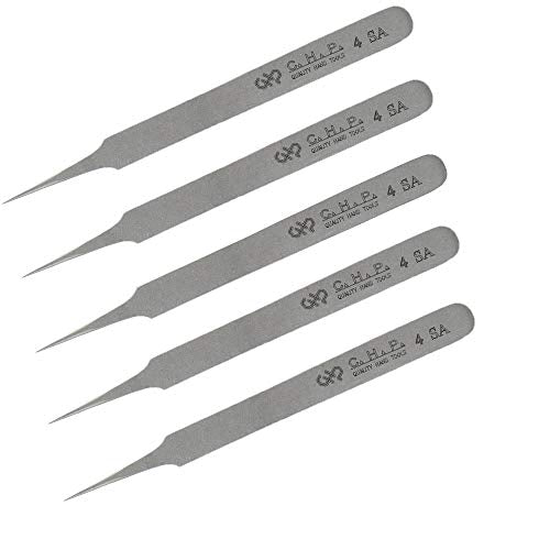 Hakko CHP 4-SA Stainless Steel Non-Magnetic Precision Tweezers with Very Fine Point Tips with Tapered Tines, 4-1/4" Length (5 Pack)
